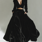 Women's Stylish Black Velvet V-neck Long-sleeved Crop Top Paired With A Long Skirt Set