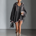 Women's Loose Hooded Pink Trimmed Knit Mini Dress