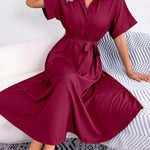 Loose Short Sleeves Solid Color Split-Joint Tied Waist Lapel Midi Dresses Shirt Dress