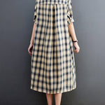 Half Sleeves Loose Plaid Lapel Midi Dresses