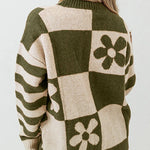 Checkered and Striped Knitted Pullover Sweater