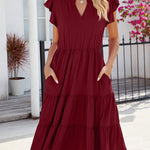 Loose Ruffle Sleeves Pleated Pockets Solid Color Split-Joint V-Neck Midi Dresses