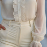 Ruffled Sheer High-Neck Chiffon Blouse