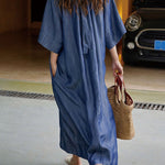 Loose Raglan Sleeve Drawstring Lace-Up Pleated Solid Color Round-Neck Midi Dresses
