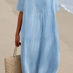 Loose Short Sleeved Solid V-Neck Dress