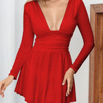 A-Line Elasticated Waist Backless Pleated Solid Color Split-Joint Deep V-Neck Mini Dresses