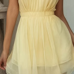 Soft Yellow Halter Neck Chiffon Mini Dress With Layered Skirt