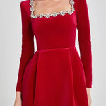 Endless Celebration Velvet Jewel Embellished Trim Long Sleeve Pocketed Mini Dress