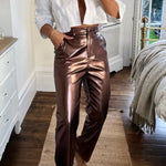 Funky Fun Design Metallic Fabric Pocket Stretch Straight Pants