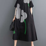 Loose Short Sleeves Buttoned Floral Printed Lapel Collar Midi Dresses