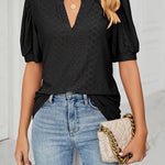 Casual v-neck solid color hollow puff sleeve loose t-shirt top women