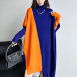 Batwing Sleeves Hipster Asymmetric Contrast Color Split-Joint High-Neck Midi Dresses Sweater Dresses