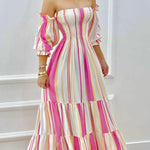 A-Line High Waisted Contrast Color Pleated Split-Joint Off-The-Shoulder Maxi Dresses