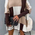 Hughes Color Block Plaid Mock Neck Cape Loose Sweater