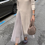 Jollie Knit Long Sleeve Front Slit Midi Sweater and Pleated Tulle Stretch Tank Midi Dress Two-piece Set