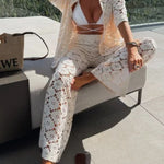 Holiday Crochet Flowers Lace Short Sleeve Shirt and Elastic Waist Wide Leg Pants Set
