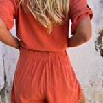Linen Blend Solid Color Button Lapel Short Sleeve Shirt and Casual Pocket Shorts Set