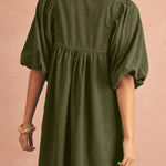 Vineyard Green Snap Button Empire Waist Lantern Sleeve Corduroy Dress