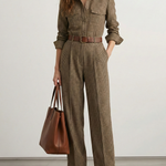 High Waisted Long Sleeves No Belt Plaid Pleated Pockets Lapel Jumpsuits