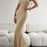 Bodycon Sleeveless Pleated Solid Color Split-Joint Split-Side Round-Neck Maxi Dresses