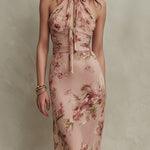 Elegant Holiday Floral Print Keyhole Neckline Chiffon Maxi Dress