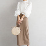 Simple Solid Color Puff Sleeve Mesh Splicing Chiffon Shirt