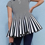Short Sleeves Pleated Split-Joint Striped Patterns Lapel Blouses&Shirts Tops
