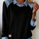 Women'S Casual Lapel Denim Stitching Pullover Sweatshirt