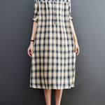 Half Sleeves Loose Plaid Lapel Midi Dresses