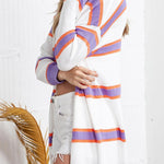 Striped Long Sleeve Ribbed Trim Button Cardigan