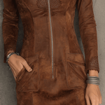 Vintage Caramel Brown Lace Trim And Zip Front Suede Mini Dress