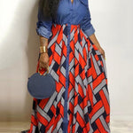 Long Sleeves Loose Buttoned Elasticity Printed Split-Joint Lapel Maxi Dresses