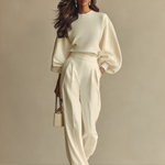 Women's Ivory Textured Set With Ribbed Crew Neck & High-Waisted Bottoms, Modern Sophisticated Style Set