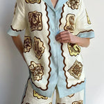 Lakeside Breeze Linen Blend Unique Print Short Sleeve Button Oversized Blouse