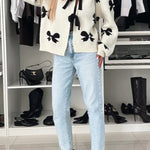Bow Tie Round Neck Long Sleeve Knitted Cardigan
