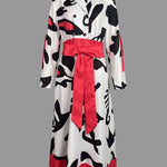 A-Line Long Sleeves Buttoned Contrast Color Tied Waist Notched Collar Maxi Dresses Shirt Dress