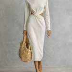Women's Simple White Milk Silk Midi Dress With Waist Knot And Cutout Details