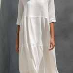 Women's Elegant White Cotton And Linen Blend Round Neck Short-sleeved Maxi Dress