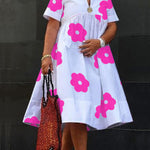 A-Line Loose Flower Print Pleated Split-Joint Round-Neck Midi Dresses