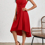 A-Line High Waisted Asymmetric Pleated Solid Color Split-Joint Round-Neck Midi Dresses