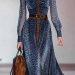 Vintage Blue Leopard Print Shirt Collar See-Through Long Sleeve Dress