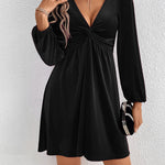 A-Line High Waisted Knot Pleated Solid Color Split-Joint Velvet Deep V-Neck Mini Dresses