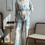 Long Sleeves Buttoned Printed Tied Waist Notched Collar Shirts Top + High Waisted Pants Bottom Two Pieces Set