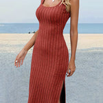 Skinny Sleeveless Solid Color Split-Side Striped U-Neck Midi Dresses