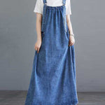 A-Line Loose Pleated Pockets Split-Joint Spaghetti-Neck Maxi Dresses Suspender Dress