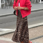 Coffee Time Leopard Print Elastic Waist Loose Midi Skirt