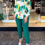 Long Sleeves Buttoned Printed Lapel Blouses Top + High Waisted Pants Bottom Two Pieces Set
