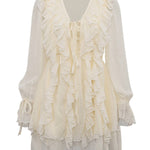 A-Line High Waisted Ruffle Trim Solid Color Tied V-Neck Mini Dresses
