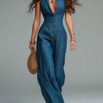 Retro Tencel Denim Shirt-collar Straight-leg Jumpsuit