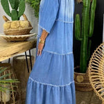 Casual Denim Washed Raw Trim V Neck Midi Dress